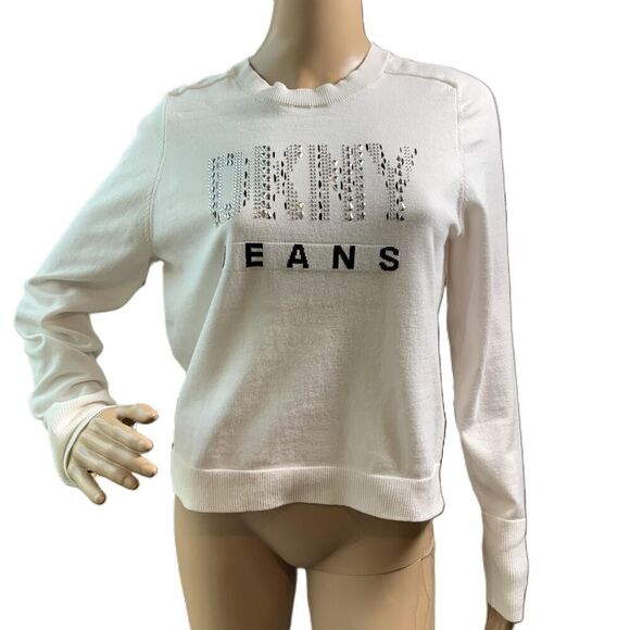 DKNY Beige Long Sleeves Graphic Text Crew Neck Acadamia Normcore Sweatshirt Sm - Picture 1 of 13